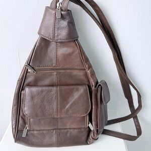 Genuine Leather Sling Backpack Brown Multi Pocket Travel Daypack Crossbody New